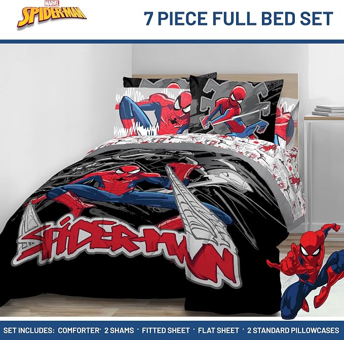 Marvel Spiderman Full Comforter Set 7 Piece Bedding for Boys, Black | Bed in a Bag, Comforter Sheets Shams Pillowcases, Official Product, Soft Microfiber, Machine Washable Easy Care, Boys Gift