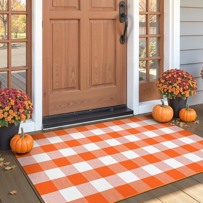 Collive 3x5 Buffalo Plaid Checkered Outdoor Rug, White and Orange Halloween Fall Decor Door Mat, Washable Front Doormat Outside Entrance, Layered Welcome Mat Porch Cotton Area Rugs for Entryway Patio