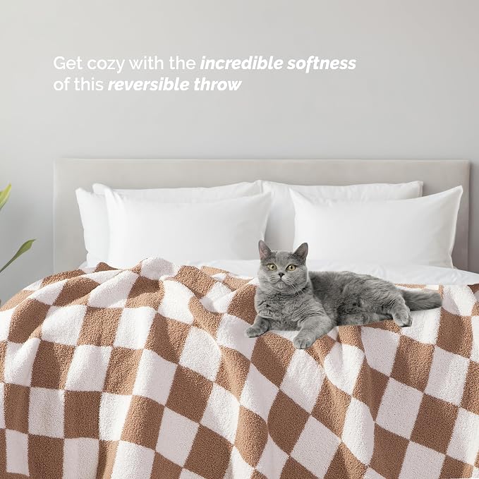 Elegant Comfort Checkered Throw Blanket, Taupe Super Soft Cozy Fluffy Warm Throw Blankets for Couch, Sofa, Chair, Bed, Camping, Picnic, Travel Lightweight Bed Blanket (50" x 70")