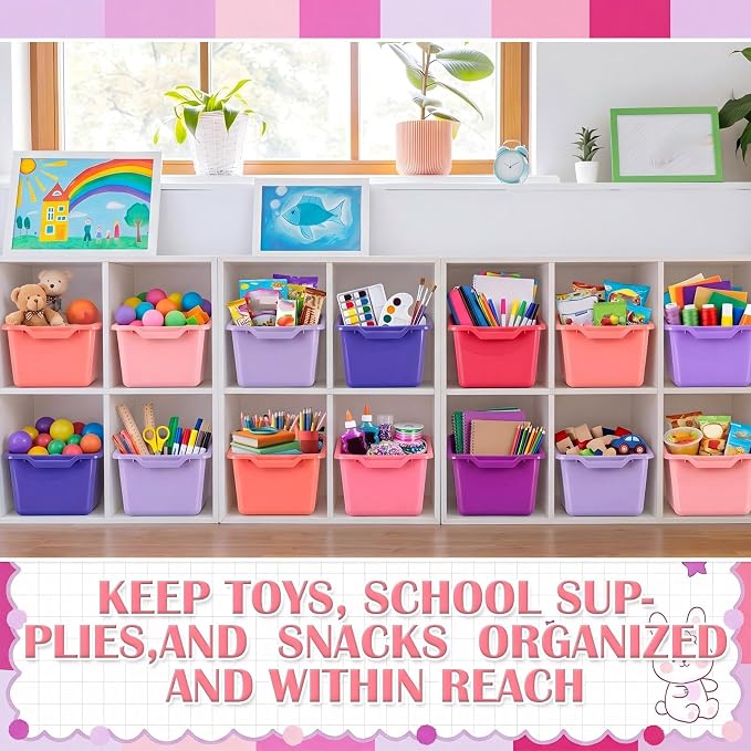 Dandat 32 Pcs Plastic Book Bins for Classroom Library Cubby Bins Scoop Front Stackable Toy Storage Tubs Containers for School Office Home Nursery Playroom Organization (Pink Series)