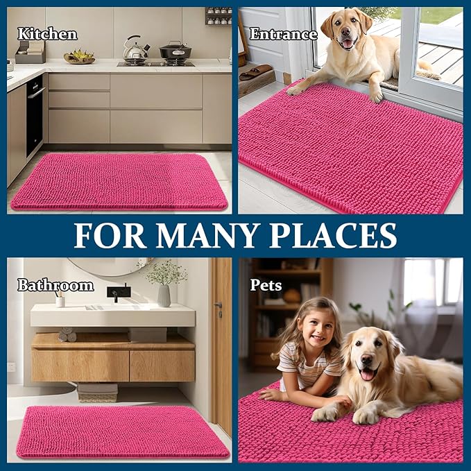 OLANLY Dog Door Mat for Muddy Paws 24x16, Absorbs Moisture and Dirt, Absorbent Non-Slip Washable Doormat, Quick Dry Chenille Mud Mat for Dogs, Entry Indoor Entryway Carpet for Inside Floor, Hot Pink