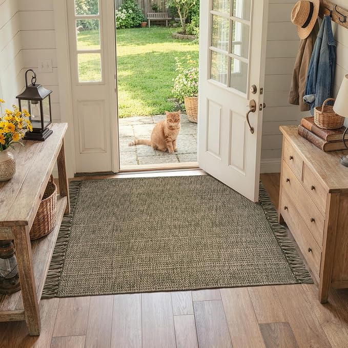 Collive 3' x 5' Indoor Outdoor Porch Rug, Moss Green Modern Farmhouse Entryway Rug Boho Front Door Mat, Hand-Woven Washable Kitchen Rugs for Patio Bedside Nursery Decor