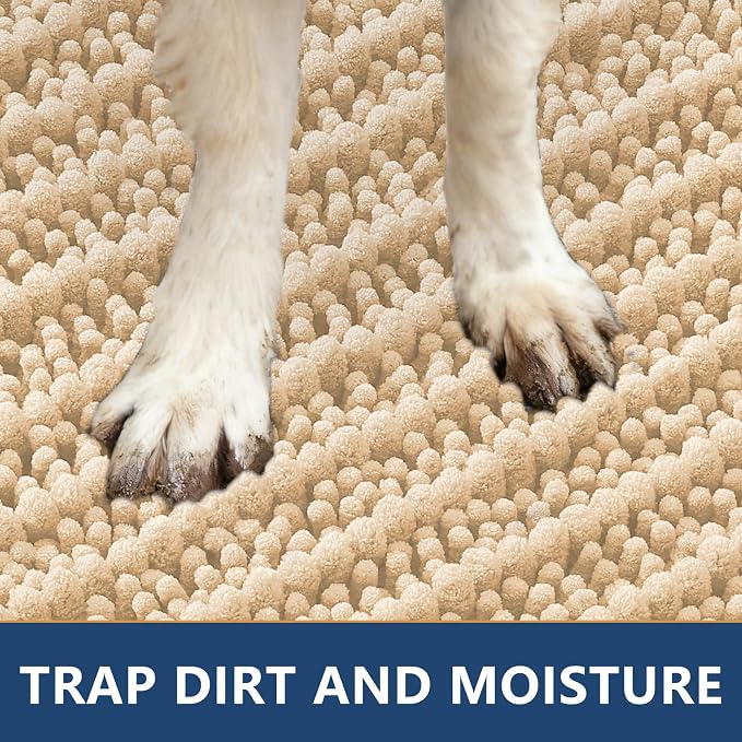 Smiry Dog Door Mat for Muddy Paws 47x24, Absorbent Dirt Trapper, Non-Slip Washable Chenille Entryway Rug for Inside Floor, Beige, Layered Pattern