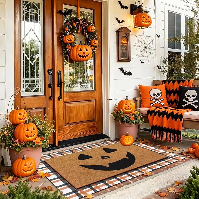 Tinideya 2 Pcs Door Mat Welcome Non Slip Coir Mats Floor Layering Doormats Seasonal for Front Porch Entryway Decor(23.6 x 35.4 Inches,Halloween,Orange, Black)