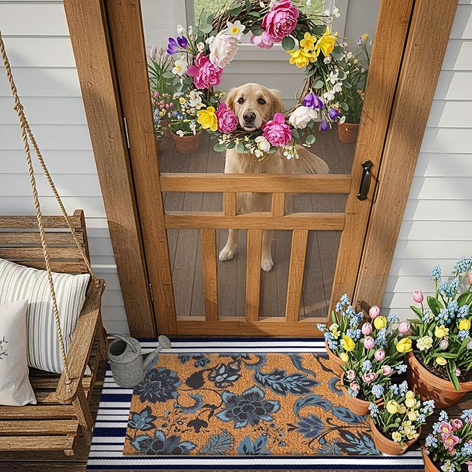 Moucuny 2 Pcs Navy Blue Coir Doormat and Stripe Rug Outdoor | Flower Coir Door Outdoor Navy Blue and White Stripe Rug for Front Door Porch Entryway Decor, 24'' x 35'', 16'' x 28''