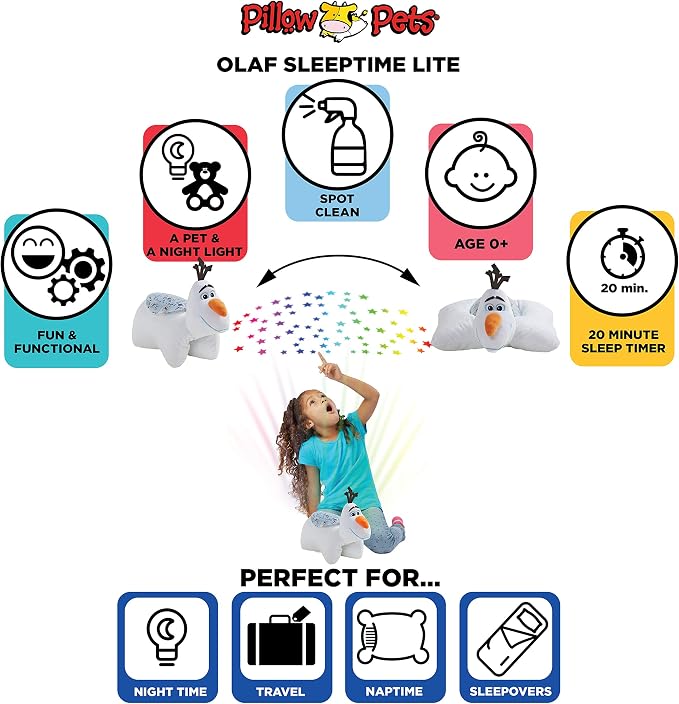 Pillow Pets Disney Frozen Olaf, 11" Sleeptime Lite | Plush Pillow and Night Light in One, Projects Rainbow Stars, 3 Light Modes, 20-Minute Auto-Off Timer, BPA Free