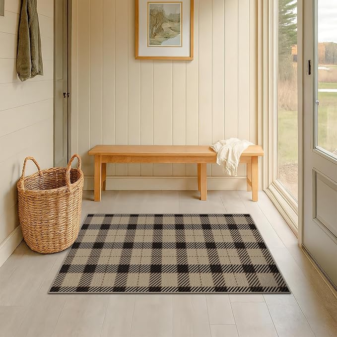 Entryway Rug 2x4, Easy Jute Indoor Outdoor Rug, Washable Non Slip Brown Black Plaid Door Mat, Low Profile Farmhouse Rug for Front Door, Front Porch, Kitchen, Mudroom