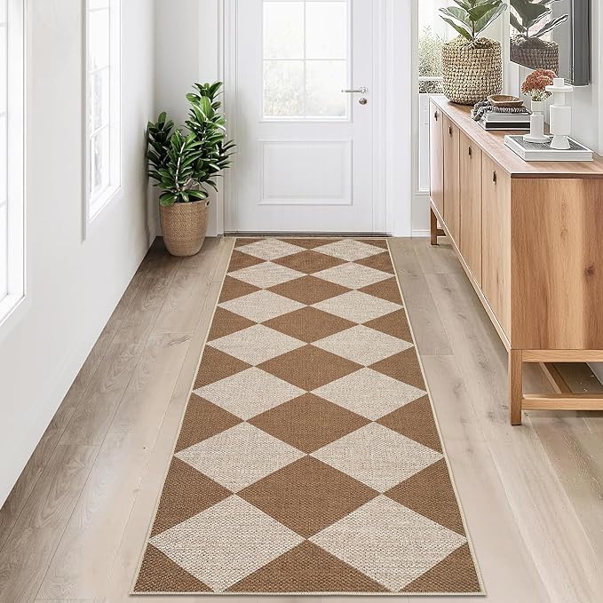COZYLOOM Geometric Area Rug 2x8 Runner Rug for Hallway Non Slip Stain Resistant Rugs for Kitchen Modern Diamond Print Non Shedding Low Pile Door Mats for Bathroom Bedroom Entryway Laundry Room, Coffee