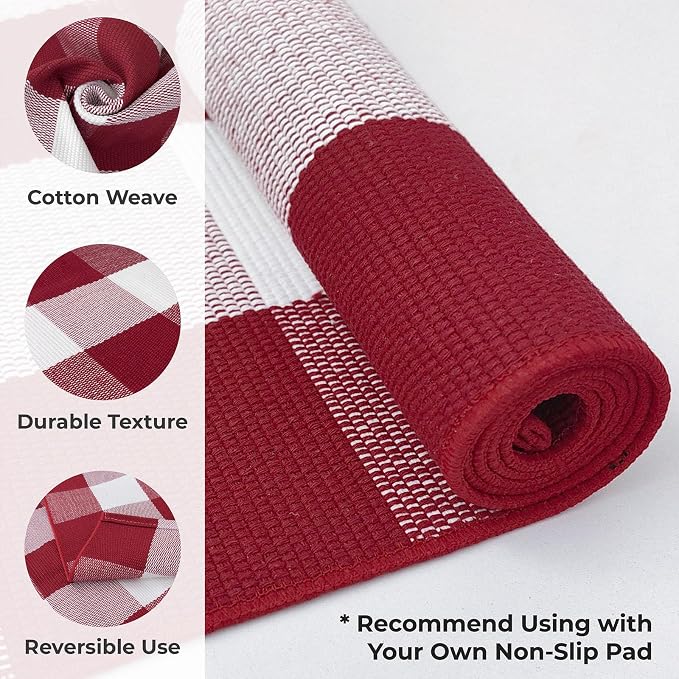 KOZYFLY Buffalo Plaid Rug 27.5x43 Inches Red and White Checkered Rug Christmas Halloween Fall Door Mat Woven Cotton Washable Area Rugs Door Mat Outdoor Entrance for Front Porch Entryway