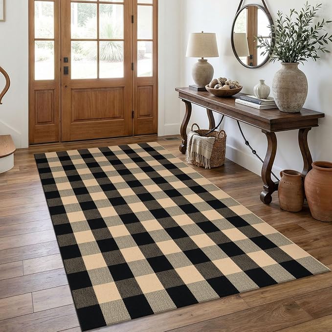 KOZYFLY Buffalo Plaid Area Rug 4x6 Ft Checkered Rug Washable Cotton Outdoor Rugs for Bedroom Brown and Black Front Door Mat Carpet for Front Porch Living Room Dining Room Kitchen