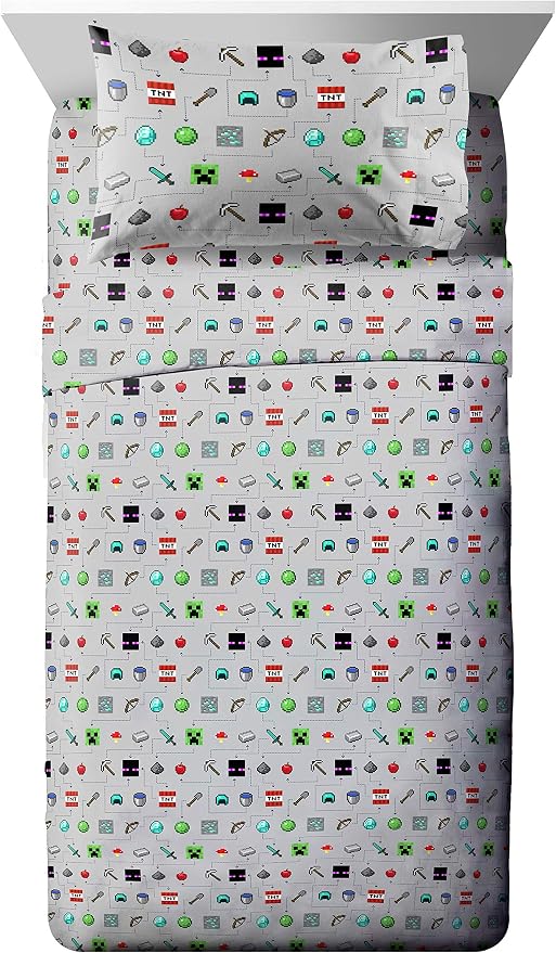 Minecraft Creeper Twin Comforter Set 4 Piece Kids Bedding for Boys, Multi | Zombie, Bed in a Bag, Comforter Sheets Pillowcase, Official Product, Soft Microfiber, Machine Washable, Boys Gift