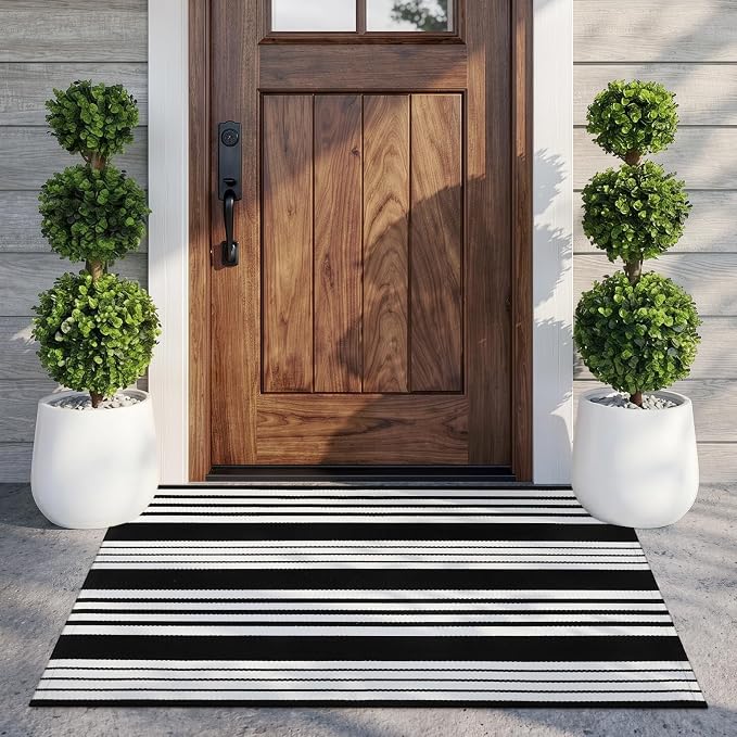 OJIA Front Door Mats 27.5"x43" Black and White Outdoor Rugs Porch Decor | Cotton Woven Front Door Rug Striped Area Rug Machine Washable Layered Doormats for Farmhouse/Kitchen/Entryway/Patio Decor