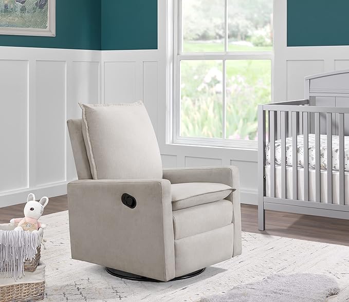 Oxford Baby Uptown Upholstered Glider Recliner Rocking Chair 360° Swivel for Nursery and Living Room - Sand, Green Guard Gold Certified