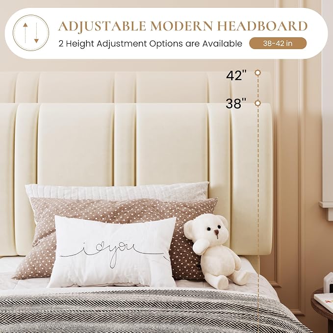 SHA CERLIN Twin Size Velvet Bed Frame with Adjustable Headboard, Cream | Vertical Channel Tufted Design, Upholstered Platform Bed, Wood Slats Support/No Box Spring Needed/Easy Assembly