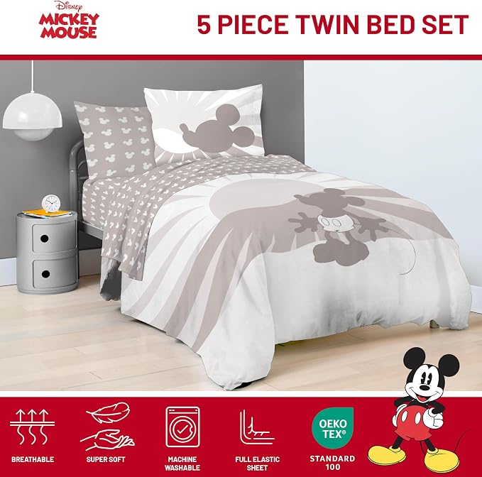 Disney Mickey Mouse Twin Comforter Set 5 Piece Cartoon Bedding, Grey | Bed in a Bag, Comforter Sheets Sham Pillowcase, Official Product, Soft Microfiber, Machine Washable, Easy Care, Kids Gift