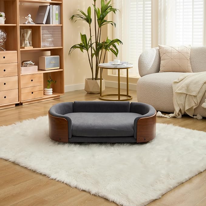 Scandinavian Style Elevated Dog Bed Pet Sofa with Solid Wood Legs and Bent Wood Back, Velvet Cushion, Large Size, Walnut Frame & Dark Grey Cushion