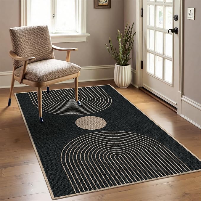 Easy Jute 3x5 Black Rainbow Area Rug,Washable Entryway Rug, Modern Door Carpet,Neutral Non-Slip Outdoor Indoor Farmhouse Rug for Living Room Kitchen Patio Bedroom