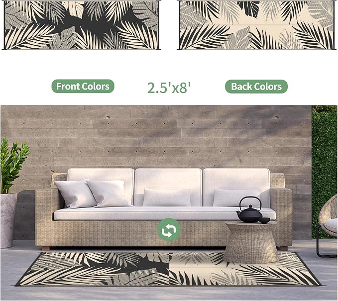 GENIMO Outdoor Rug, Waterproof Plastic Runner Rugs, 2.5'x8' Black Beige | Outside Leaf Carpet Mat for Patio Decor, Porch, Deck, Balcony, Camping, RV, Picnic, Beach, Reversible, Foldable, Lightweight