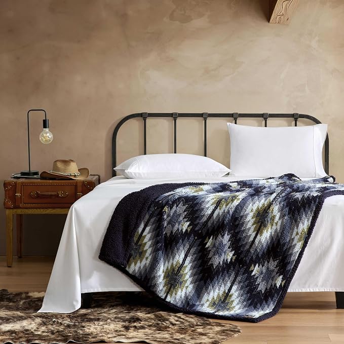 Wrangler - Reversible Throw Blanket, 50 x 60, Printed Sherpa Fleece Blanket for Bed & Couch, Cozy Decorative Throw, Dawn Aztec Blue