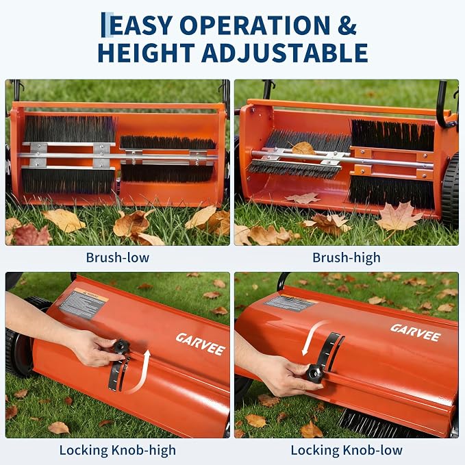Manual Push Lawn Sweeper 26 Inch- Walk Behind Yard Sweeper for Leaves and Grass,7 Cu. ft. Large Hopper, Height Adjustable, 4 Fast Spinning Brushes