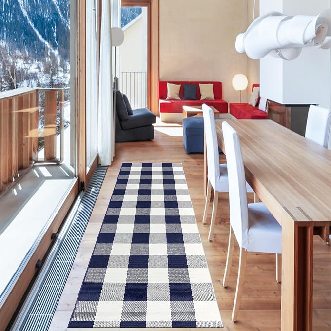 Buffalo Plaid Runner Rug 2x6 Feet Navy and White Checkered Runner Rug Cotton Woven Farmhouse Floor Mat Washable Rugs for Hallway Kitchen Laundry Bedroom Living Room
