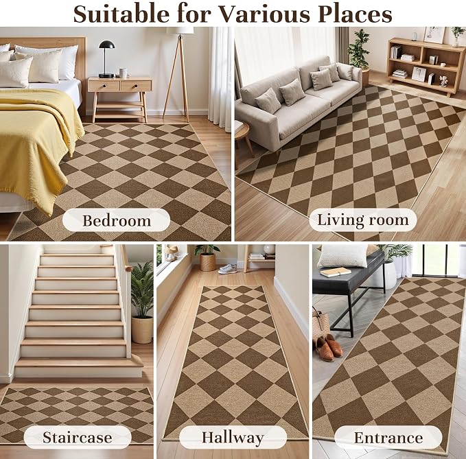 EDIMENS Checkered Easy Jute 5x7 Outdoor Rug Washable Living Room Area Rugs | Brown Non Slip Outdoor Patio Rug Diamond Indoor Black Farmhouse Geometric Carpet for Backyard Front Porch Balcony