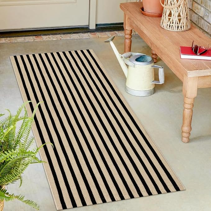 OJIA Outdoor Porch Rug Front Door Mat 24"x51", Black and Tan Striped Rugs | Washable Outdoor Rugs Front Door Rugs Cotton Woven Kitchen Rugs Small Area Rugs for Entryway/Patio/Outside Entrance Decor