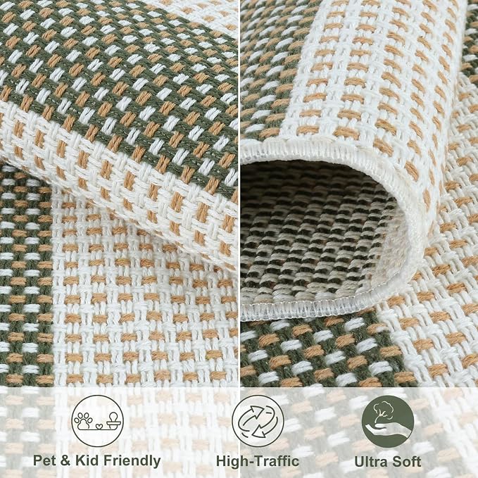 LEEVAN Door Mat Outdoor Entrance 2x3, Washable Striped Front Porch Rug, Green White and Tan Buffalo Welcome Mat, Spring Outside Entryway Rugs, Cotton Woven Indoor Outdoor Layered Doormats