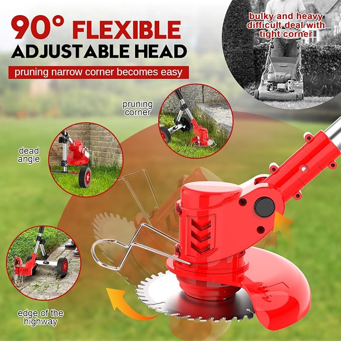 Electric Weed Wacker Cordless with Wheel, 4 in 1 Weed Eater Battery Powered Brush Cutter String Trimmer Edger, 4000mAh Stringless Weed Trimmer Lightweight Grass Trimmer Mower, 2 Battery and Charegr