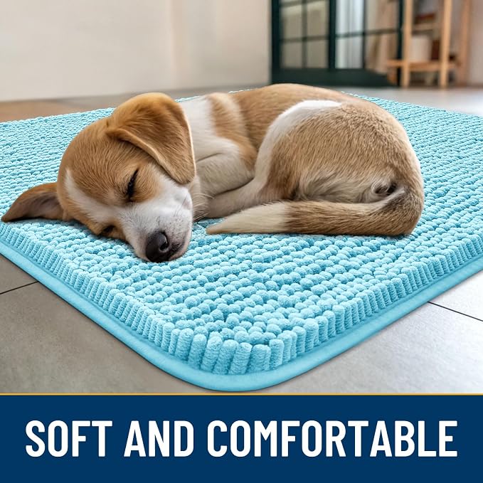 Smiry Dog Door Mat for Muddy Paws 70x35, Absorbent Dirt Trapper, Non-Slip Washable Chenille Entryway Rug for Inside Floor, Sky Blue, Classic Solid