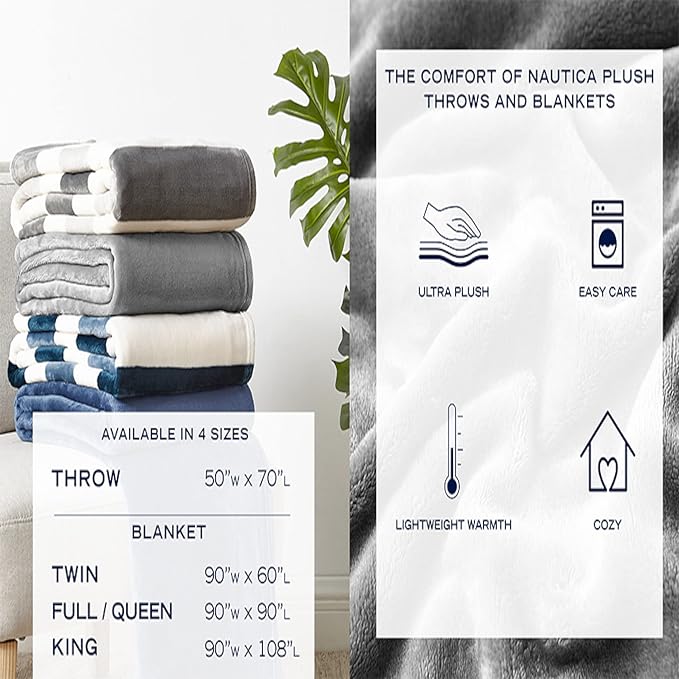 Nautica - Fleece Throw Blanket for Couch 50x60, Ultra Soft Plush Micro Flannel Throw, Lightweight Warm Cozy Blanket, Americana Decor, Perfect for Sofa, Bed, Living Room (Awning Stripe Blue)