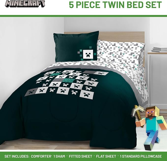 Minecraft Creeper Twin Comforter Set 5 Piece Video Game Bedding, Green | Zombie Enderman, Bed in a Bag, Comforter Sheets Sham Pillowcase, Official Product, Microfiber, Machine Washable, Kids Gift
