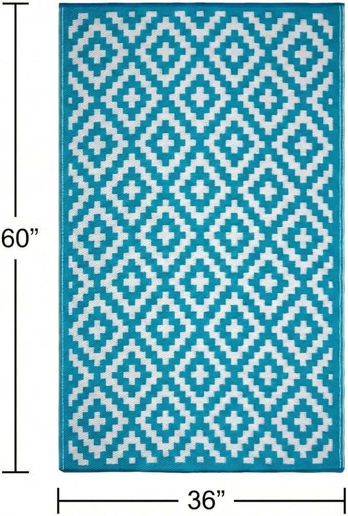 FH Home Outdoor Rug - Waterproof, Fade Resistant, Reversible - Premium Recycled Plastic - Geometric - Porch, Deck, Balcony, Mudroom, Laundry Room, Patio - Aztec - Teal & White Crease Free - 3 x 5 ft