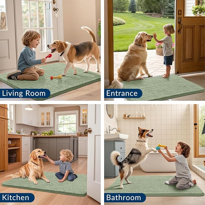 Smiry Dog Door Mat for Muddy Paws 59x24, Absorbent Dirt Trapper, Non-Slip Washable Chenille Entryway Rug for Inside Floor, Sage Green, Classic Solid