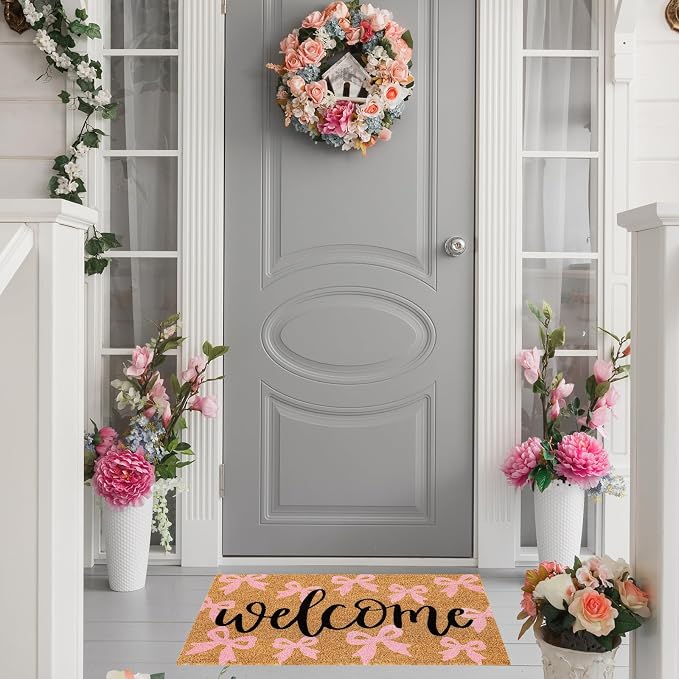 JarThenaAMCS Pink Bow Natural Coir Door Mat Cute Ribbon Bowknot Welcome Floor Mat Non-Slip Entrance Door Rugs for Indoor Outdoor Home Bathroom Decor, 16.5 x 29 Inch