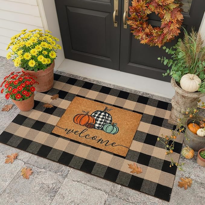Uphome Bufflo Plaid Outdoor Rug 3'x5', Black Natural Checkered Front Door Mat for Fall Decor, Indoor Outdoor Farmhouse Cotton Porch Rug for Layered Door Mats, Washable Area Rugs for Entryway Kitchen