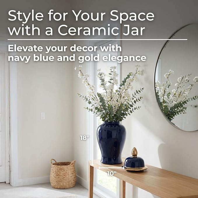 Ceramic Temple Jar with Lid for Living Room Decor - Contemporary Flower Vase for Bedroom, Home Styling, and Kitchen Counter - Sculpted House Accent for Office and Table Decor - 18", Blue & Gold