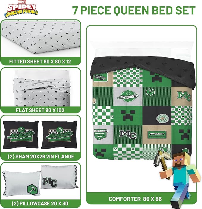 Minecraft Creeper Queen Comforter Set 7 Piece Kids Bedding for Boys, Multi | Zombie Enderman, Comforter Sheets Shams Pillowcases, Official Product, Soft Microfiber, Machine Washable, Boys Gift