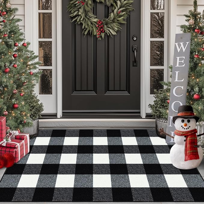 FONEYI Buffalo Plaid Outdoor Rug, 20"x59" Checkered Front Door Mat, Non Slip Absorbent Entryway Rug Doormat Indoor, Washable Outdoor Rugs for Layered Door Mats Front Porch/Farmhouse Black and White