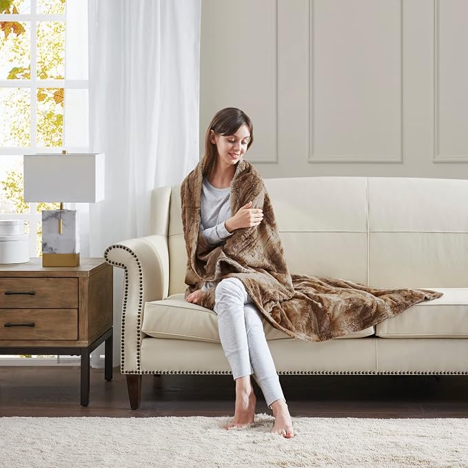 Madison Park Zuri Faux Fur Reversible Throw Blanket, 50 x 60 in, Tan | Oversized Soft Plush, Luxury, Animal Stripes, Mink Reverse, Modern, All Season, for Bed Sofa Couch, OEKO-TEX Certified