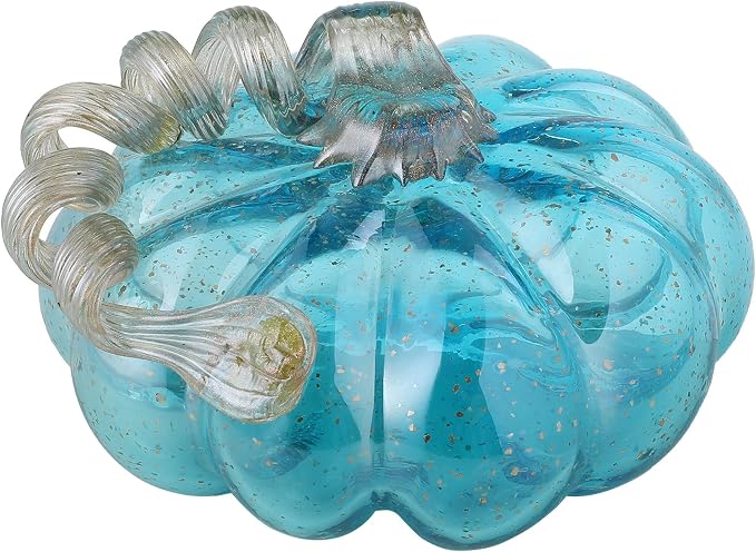 Glitzhome Hand Blown Glass Pumpkin Decor 5" Blue - Artisan Fall Table Centerpiece for Thanksgiving Harvest Home Decor Halloween Displays