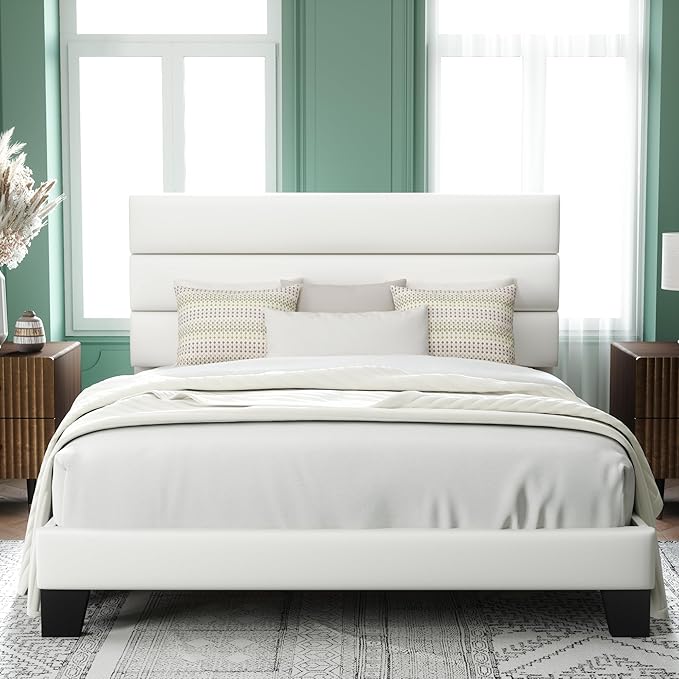 Allewie Queen Size Platform Bed Frame with Velvet Upholstered Headboard | Wooden Slats Support, Fully Upholstered Mattress Foundation, No Box Spring Needed, Easy Assembly, Noise-Free, White