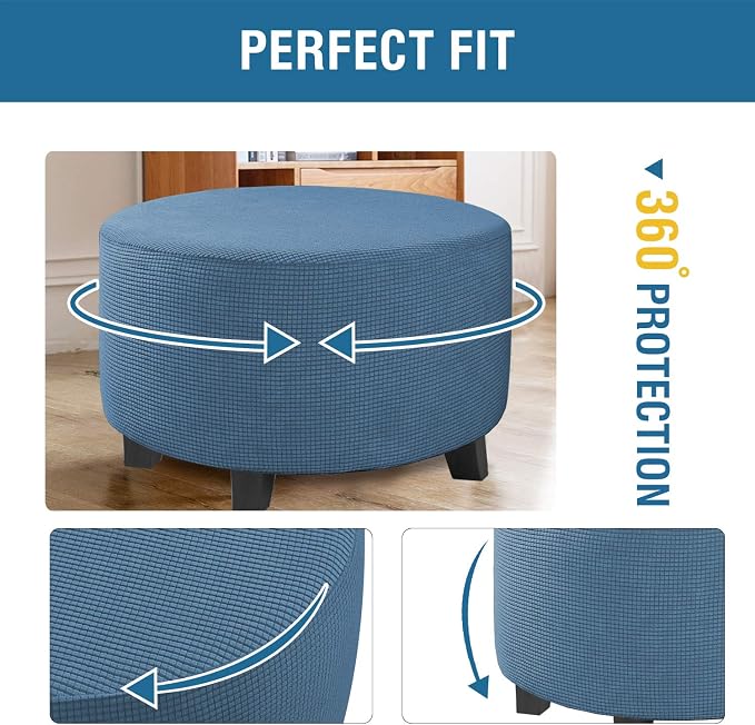 H.VERSAILTEX Ottoman Cover Stretch Ottoman Slipcover Round Ottoman Storage Cover Folding Stool Covers Furniture Protector Cover for Footrest Ottoman Fit Dia 30" - 41", Dusty Blue