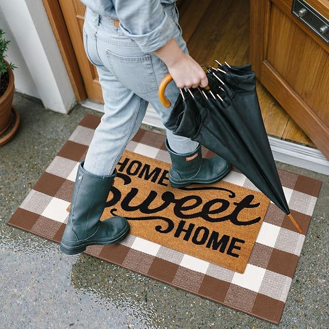 Collive Buffalo Plaid Checkered Outdoor Rug, Fall Autumn Decor Door Mat, 2x4.3 Coffee and White Front Porch Rug, Washable Welcome Layered Doormat Outside Entrance for Kitchen Entryway Patio