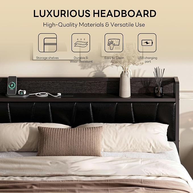 LIKIMIO King Bed Frame, PU Leather Storage Headboard with Charging Station, Solid and Stable, Noise Free, No Box Spring Needed, Easy Assembly, Black