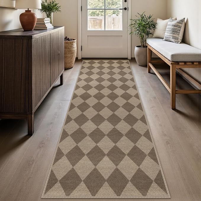 Rugalia Easy Jute Checkered Runner Rug, 2.6x8 Brown Modern Washable Rugs Runner for Hallway Non-Slip Kitchen Runner Rug, Geometric Diamond Indoor Outdoor Carpet for Porch Laundry Entryway