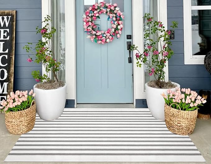 3'x5'Outdoor Rug,Striped Cotton Woven Washable Front Porch Rug Farmhouse Entry Rug Indoor Outdoor Area Rug for Porch/Home Entrace Decor/Bedroom/Layered Door Mats