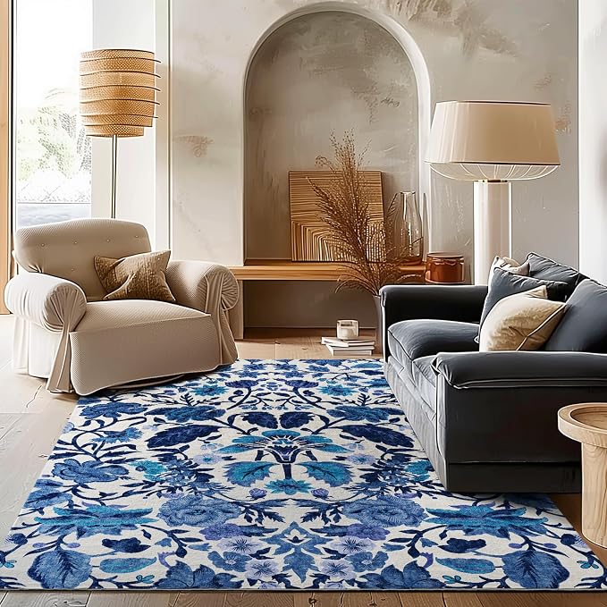 EVERGRACE Area Rugs for Living Room 6x9, Boho Floral Faux Wool Indoor Outdoor Rugs, Washable Rugs for Bedroom Dining Room Entryway Kitchen, Low Pile Floor Mat Carpet for Home Decor, Celtic Blue