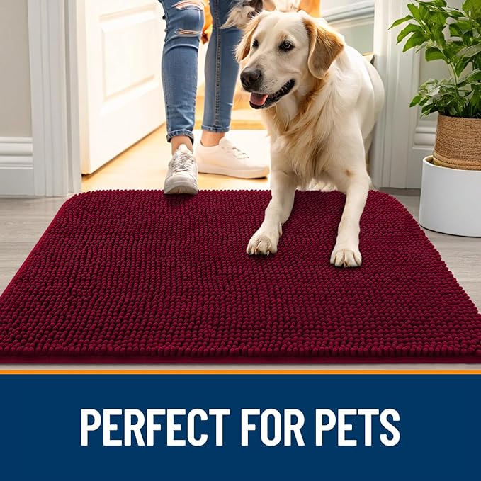 OLANLY Dog Door Mat for Muddy Paws 47x17, Absorbs Moisture and Dirt, Absorbent Non-Slip Washable Doormat, Quick Dry Chenille Mud Mat for Dogs, Entry Indoor Entryway Carpet for Inside Floor, Burgundy