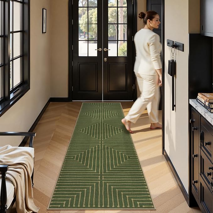 Lahome Green Runner Rug, 2x8 Washable Runner Rug for Kitchen Hallway | Farmhouse Rhombus Low Pile Non Shedding Indoor Outdoor Carpet for Entryway Laundry Room